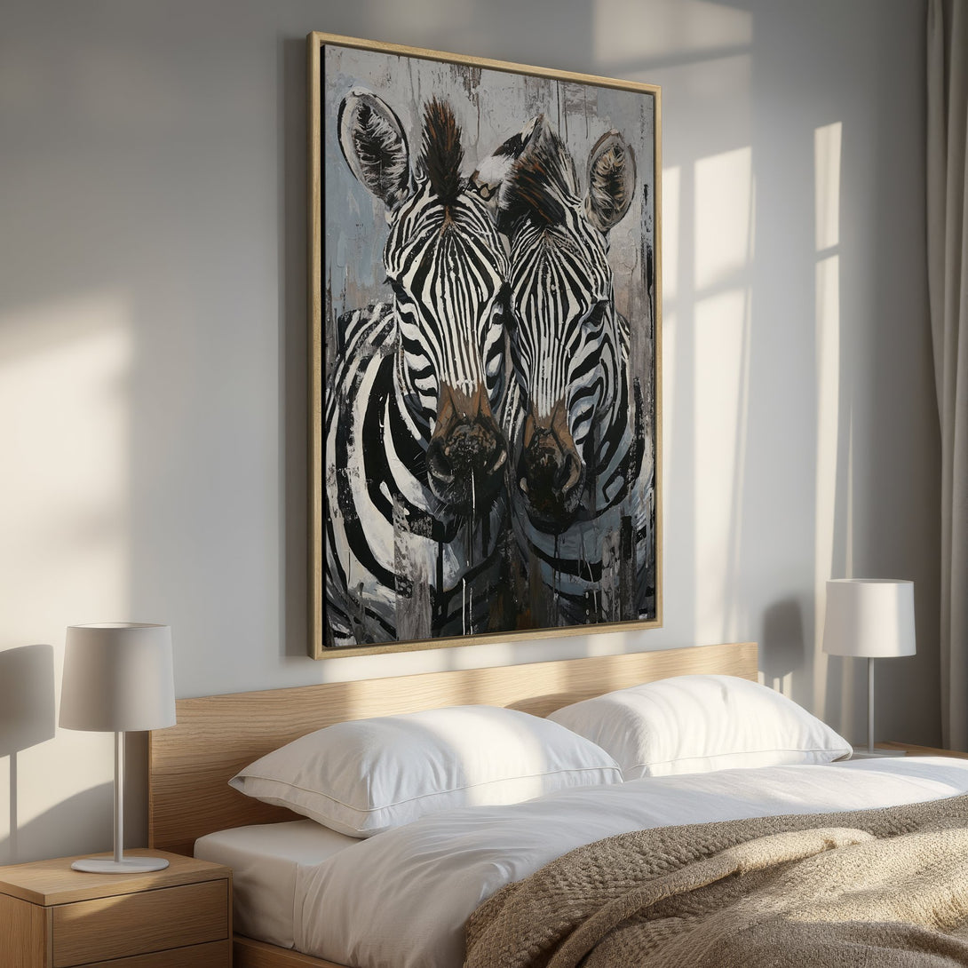 Framed Wall Art featuring a striking zebra portrait in a modern, textured style. Neutral color palette adds a touch of elegance to any space.