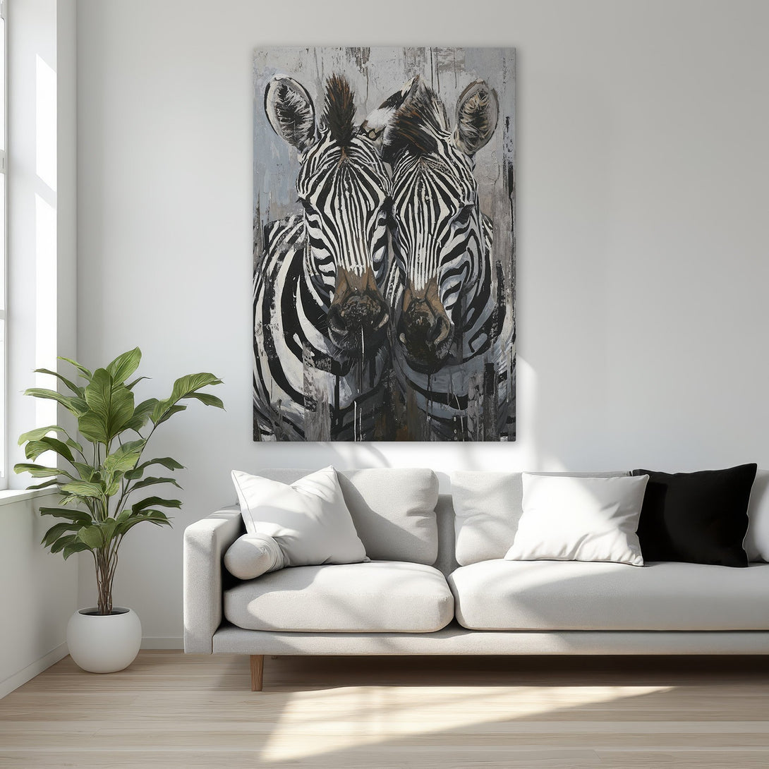 Framed Wall Art featuring two zebras in a modern, abstract style with a black, white, and gray color palette, perfect for bedroom decor.