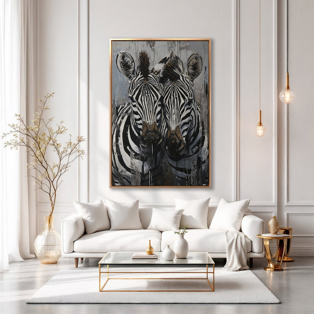 Framed Wall Art: Modern zebra painting in a gold frame. Black, white, and gray abstract art for living room decor. Stylish canvas print.