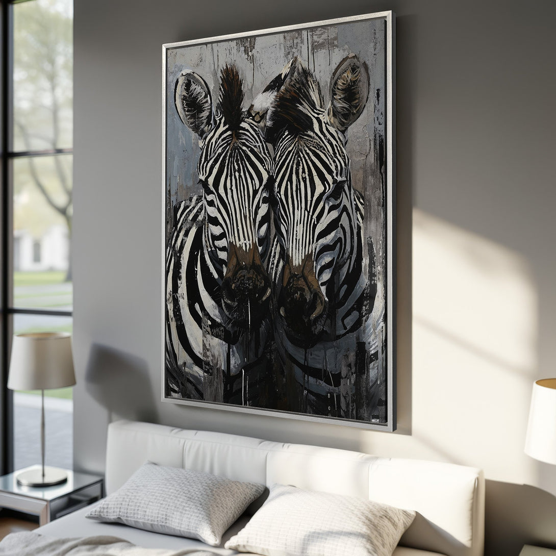 Framed Wall Art featuring a striking zebra portrait in a modern, abstract style. Black, white, and gray color palette. Perfect for bedroom decor.