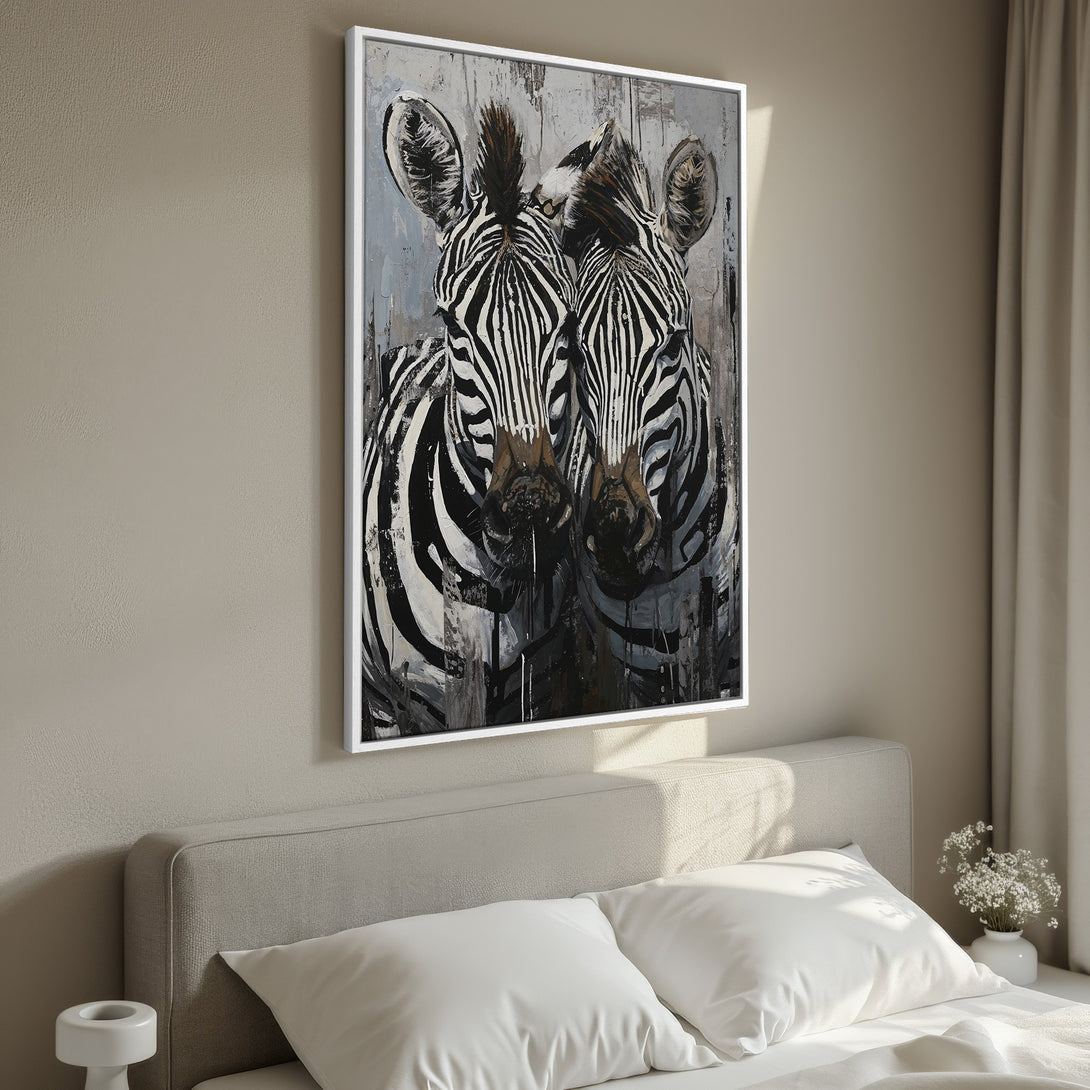 Framed Wall Art: Abstract zebra painting in black, white, and grey. Modern canvas print adds a touch of safari style to any bedroom.