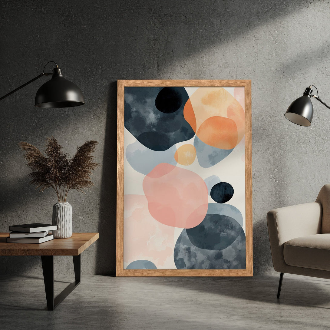 Framed Poster featuring abstract watercolor art in soft pink, blue, and orange tones. Modern art for home decor.