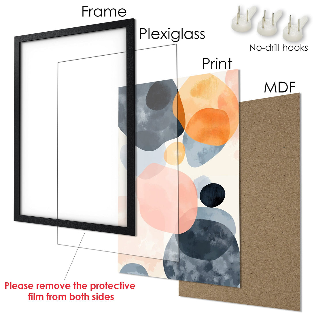 Framed Poster with abstract art in modern style. Features a soft color palette of orange, pink, and blue. Ready to hang.