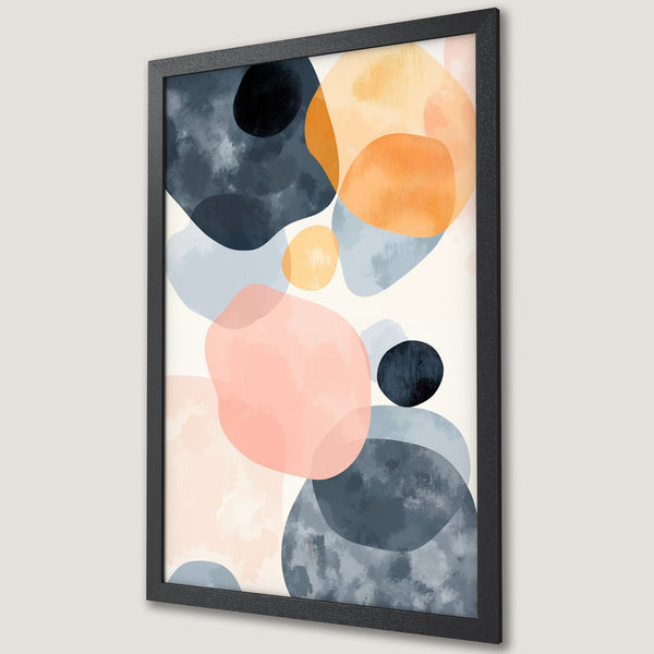 Framed Poster featuring abstract art with organic shapes in a soft pastel color palette of blue, peach, and orange. Modern wall decor.
