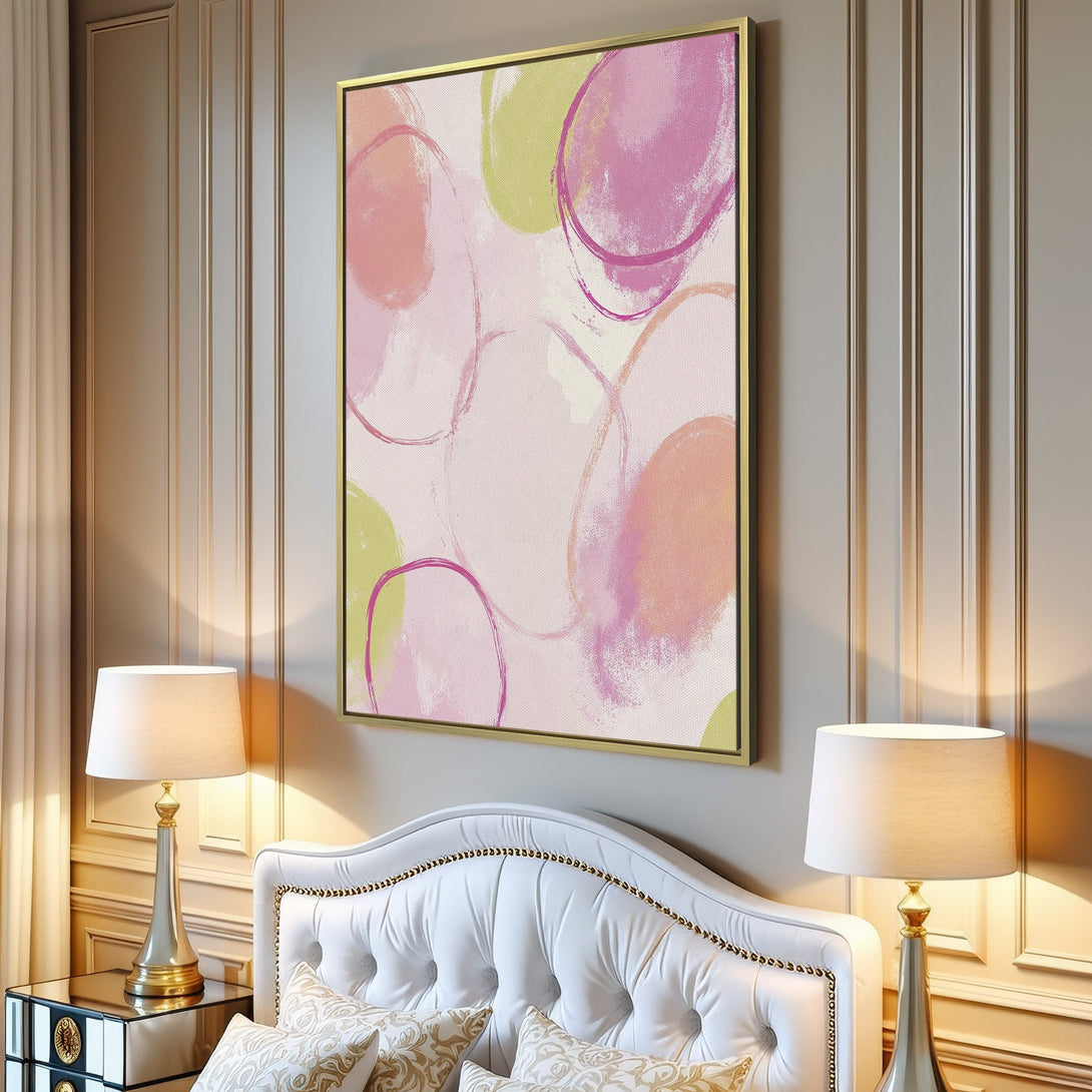 Canvas Print featuring abstract art with pink, green, and peach brushstroke circles. Modern wall decor for a stylish living room.
