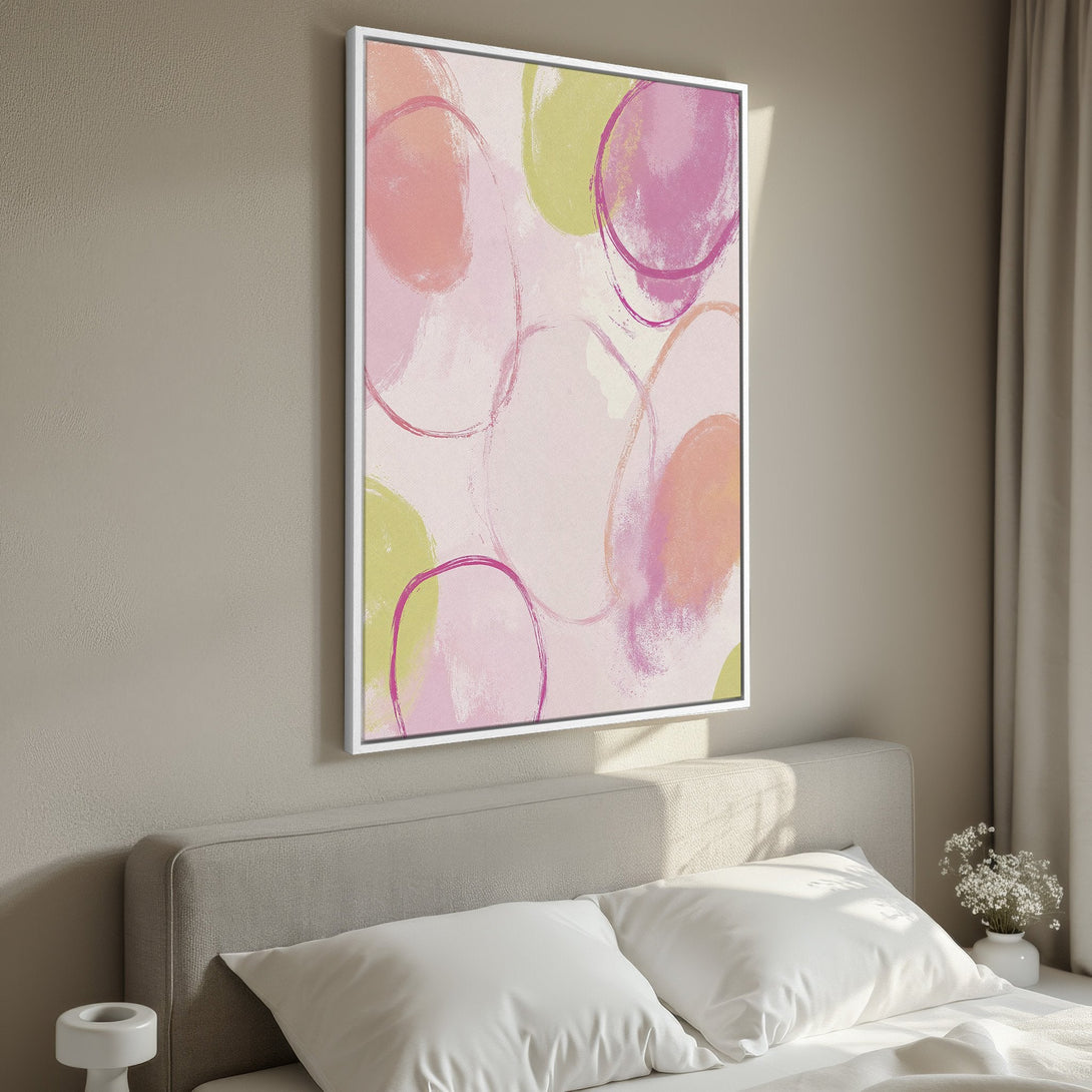 Framed Wall Art: Abstract circle design in pink, peach, and green hues. Modern canvas print adds a pop of color to any room. Shop now!
