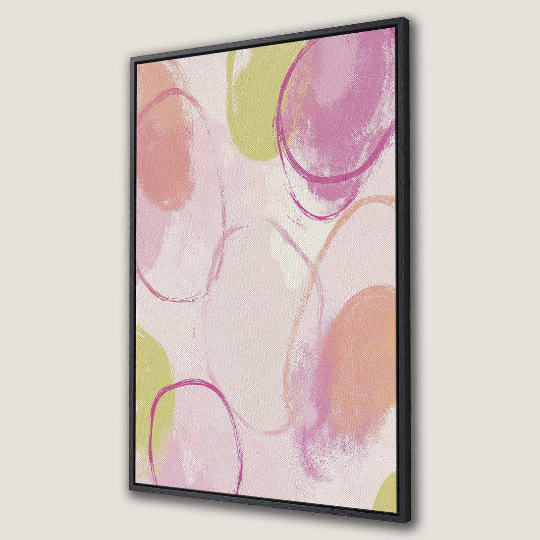 Framed Wall Art featuring abstract brushstroke circles in pink, peach, and green hues. Modern art canvas print perfect for any space.