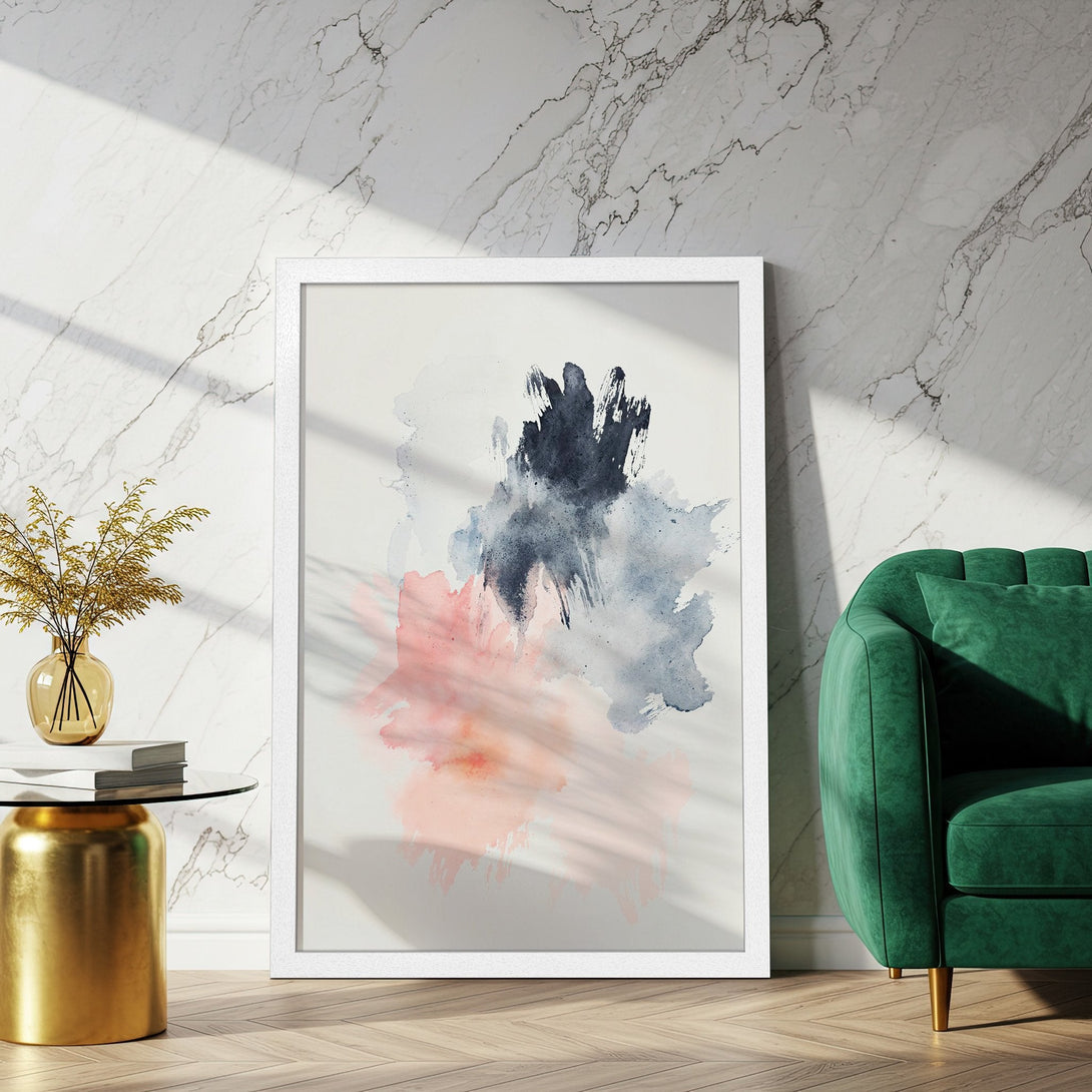 Framed Poster featuring abstract watercolor art in a soft pink, blue, and gray color palette. Perfect for modern home decor!