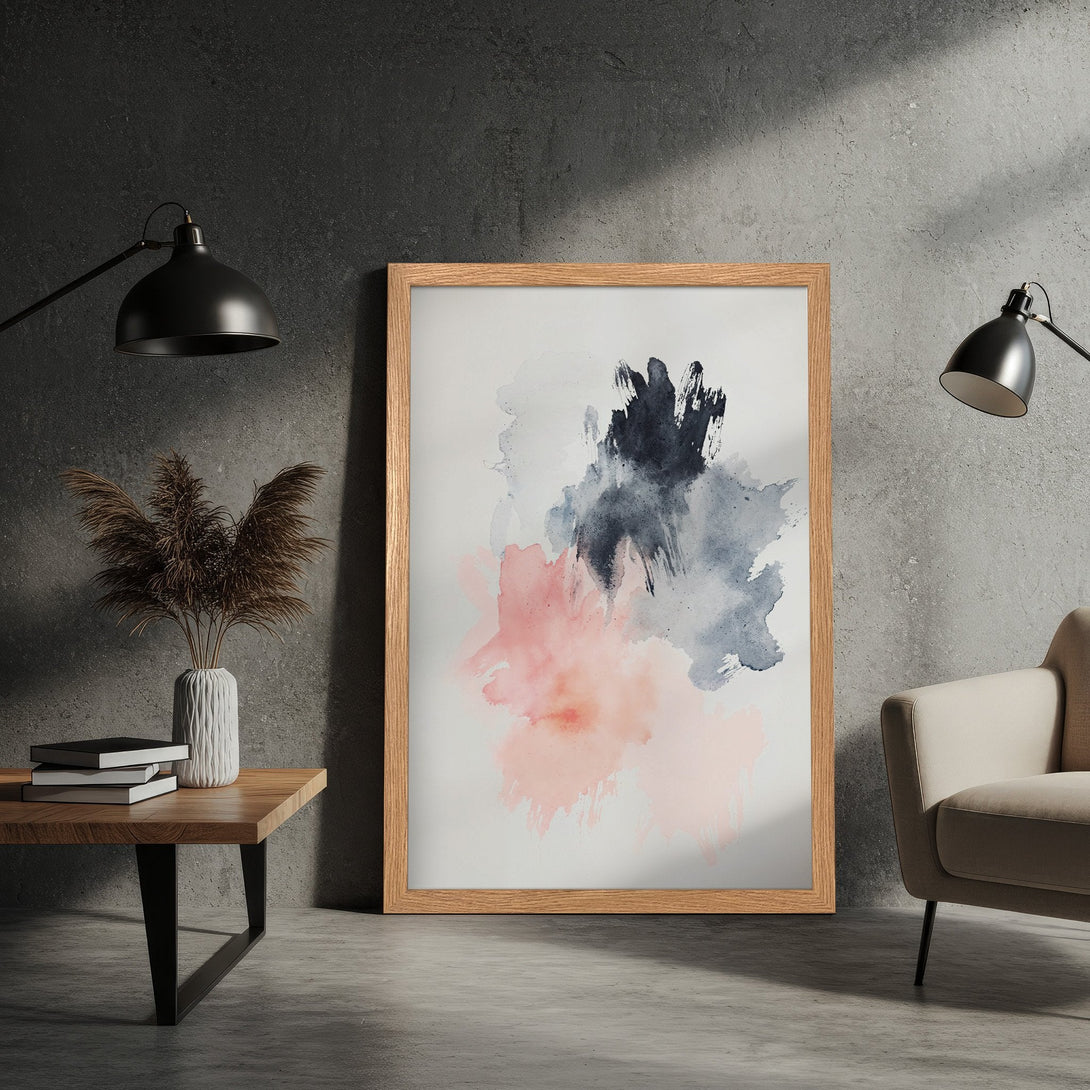 Framed Poster featuring abstract watercolor art in pink, blue, and black. Modern style, perfect for home decor.