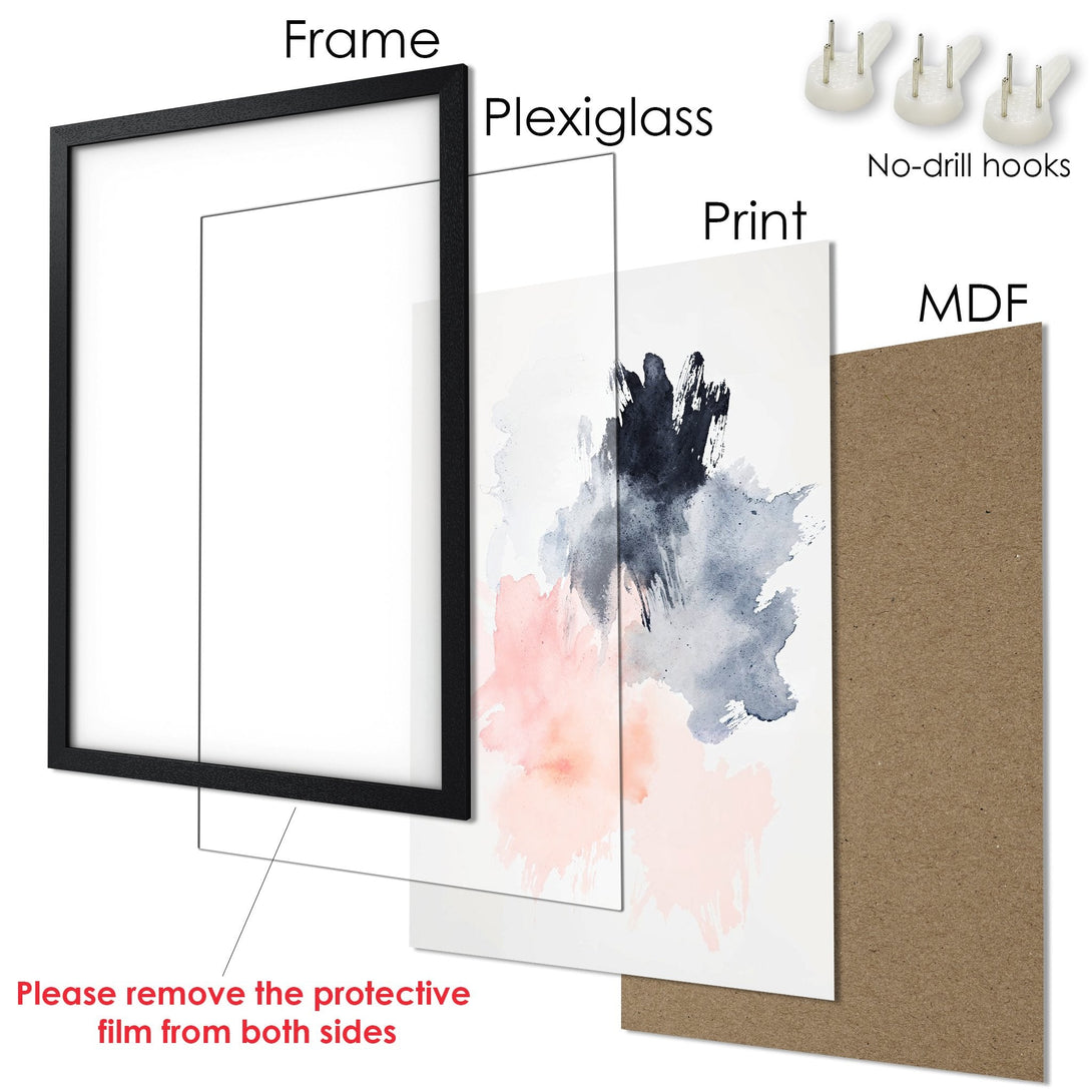 Framed Poster featuring abstract watercolor art in a soft pink, blue, and gray palette. Modern wall decor.