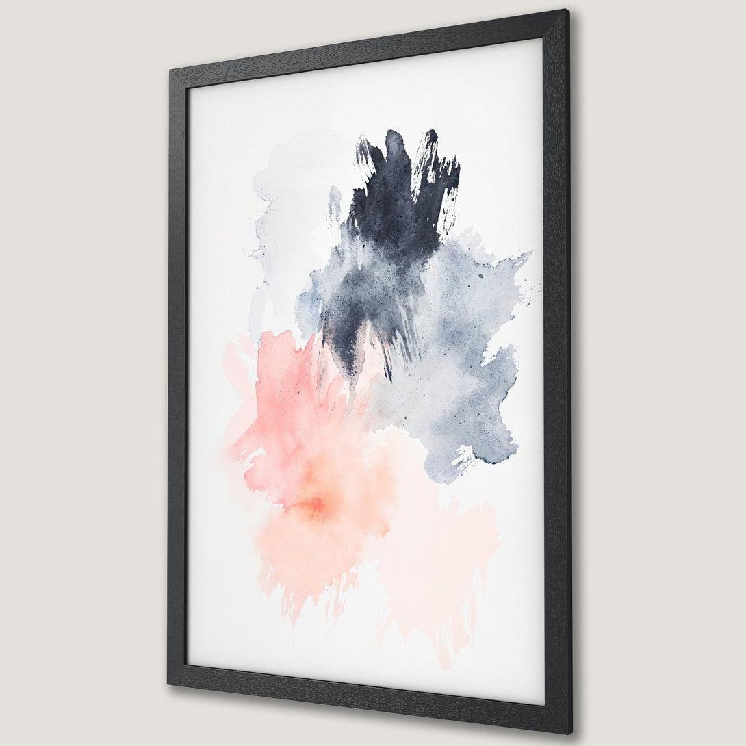 Framed Poster featuring abstract watercolor art in pink, gray, and black. Modern wall decor for a stylish home.