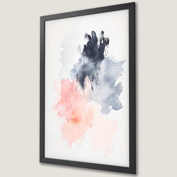 Framed Poster featuring abstract watercolor art in pink, gray, and black. Modern wall decor for a stylish home.