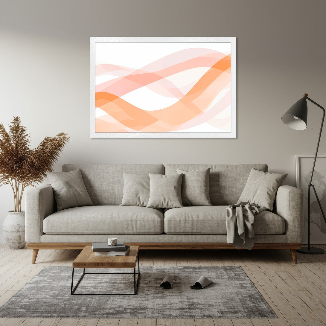 Framed Poster featuring abstract orange and peach waves, modern art style, perfect for home decor.