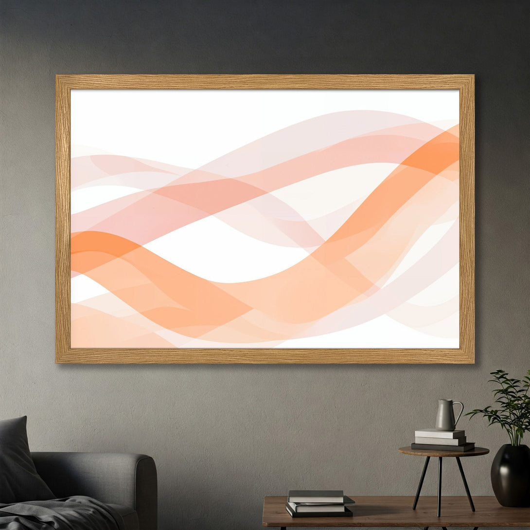 Framed Poster with abstract orange and pink waves design. Modern art print for home decor.