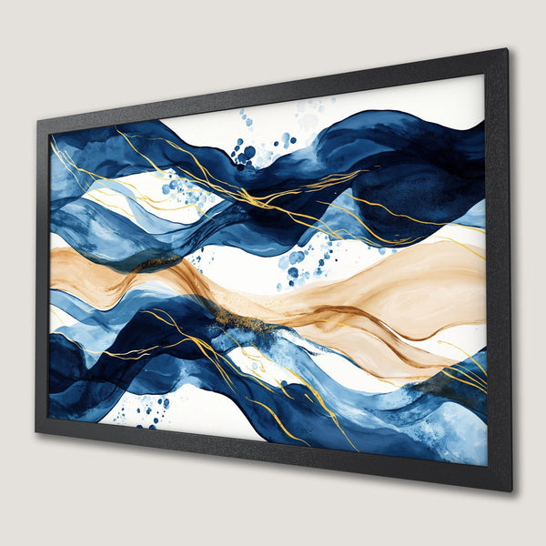 Framed Poster featuring abstract watercolor art with blue, gold, and beige tones. Modern wall art for home decor.