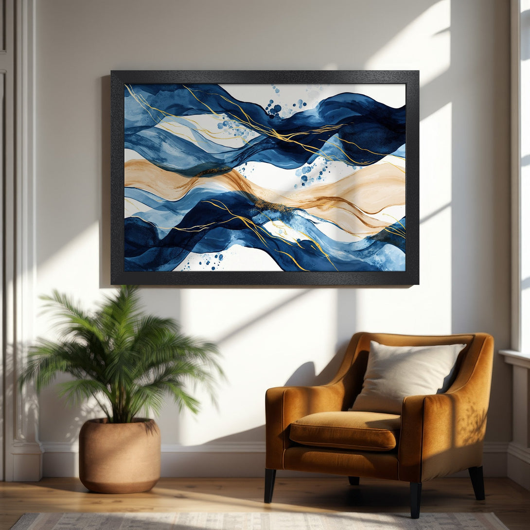 Framed Poster featuring abstract watercolor waves in blue, gold, and tan tones. Modern art print for home decor.