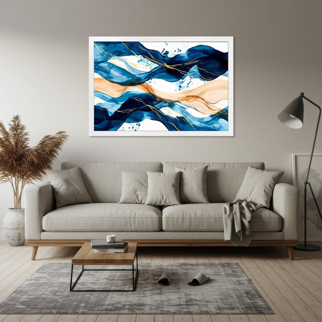 Framed Poster featuring abstract watercolor art with blue, orange, and gold tones. Modern wall art for home decor.