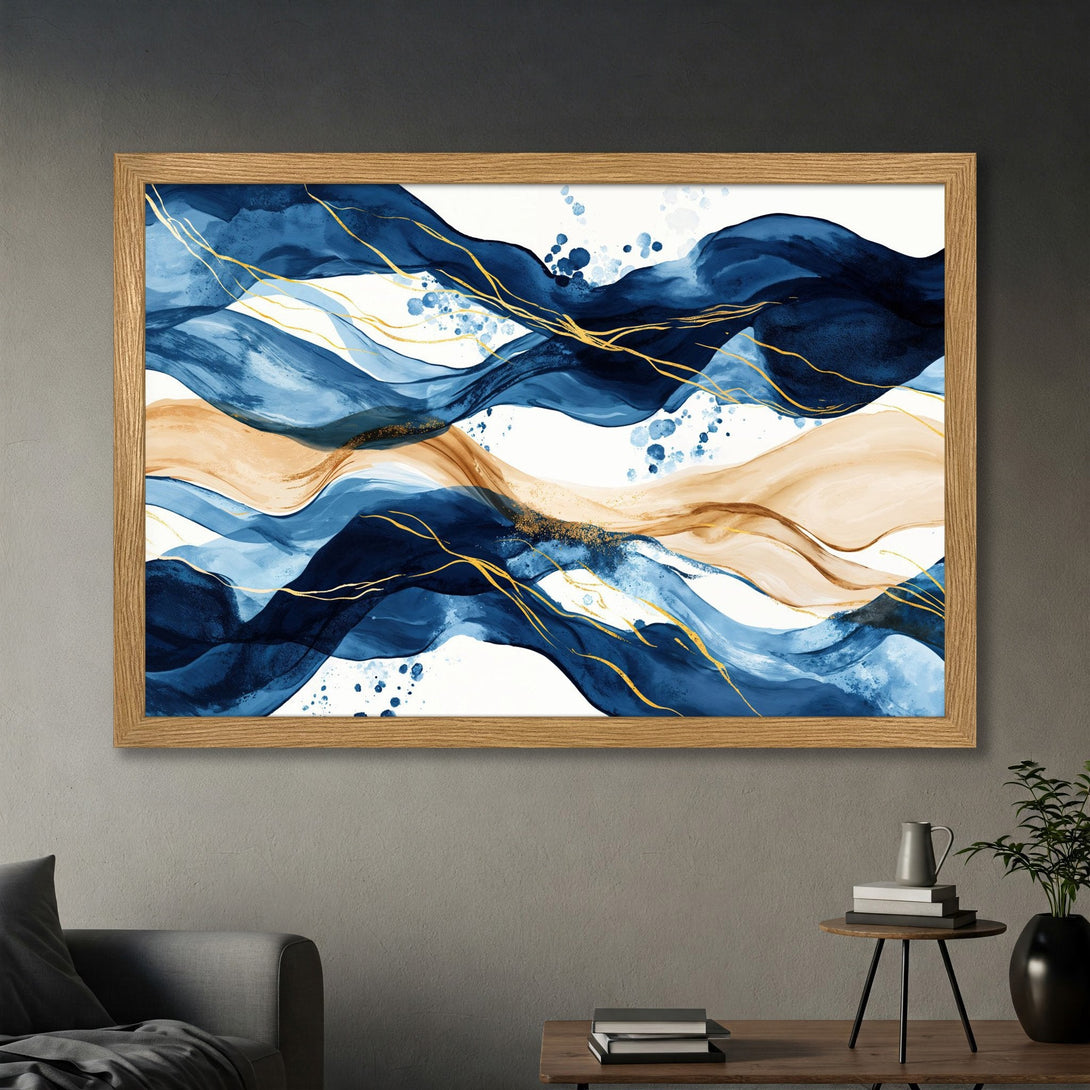 Framed Poster featuring abstract watercolor waves in blue and gold. Modern art print for home decor.