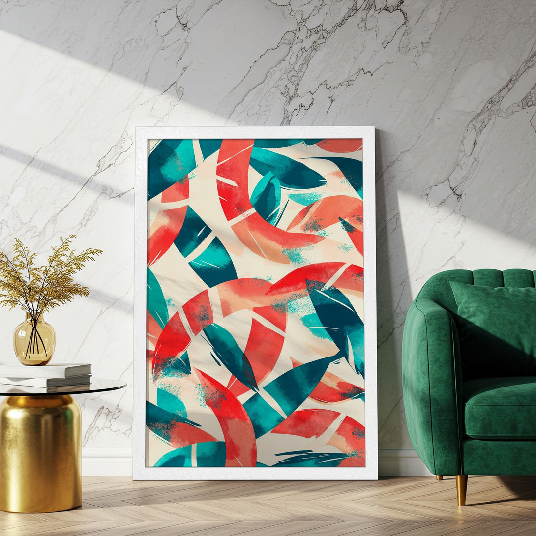 Framed Poster featuring abstract art in teal, red, and cream. Modern style, perfect for home decor. Shop our art poster collection today!