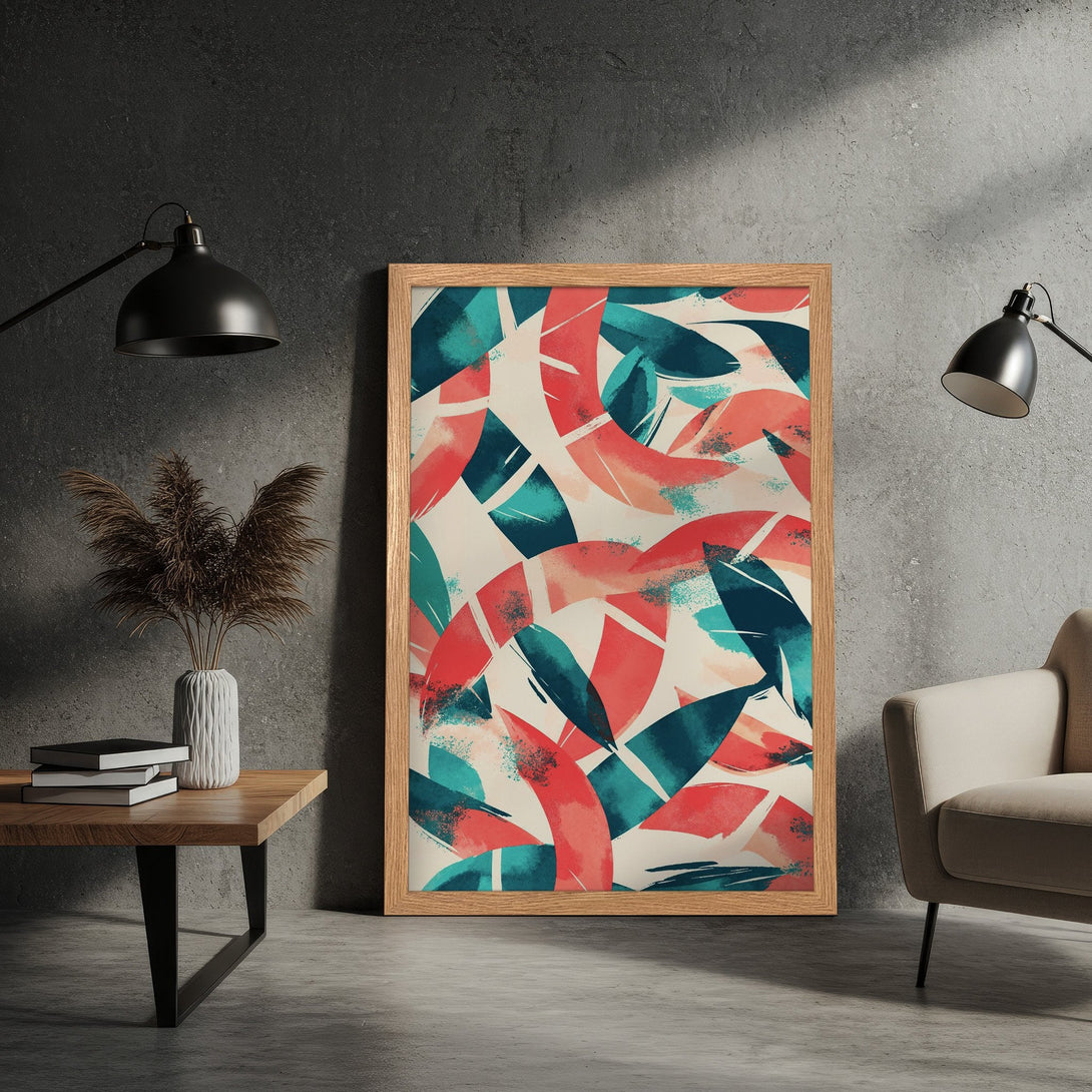 Framed Poster with abstract leaf design in teal, coral, and cream. Modern art print for home decor.