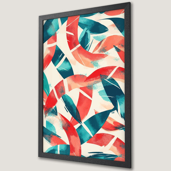 Framed Poster featuring abstract leaf design in red, teal, and cream color palette. Modern art print for home decor.