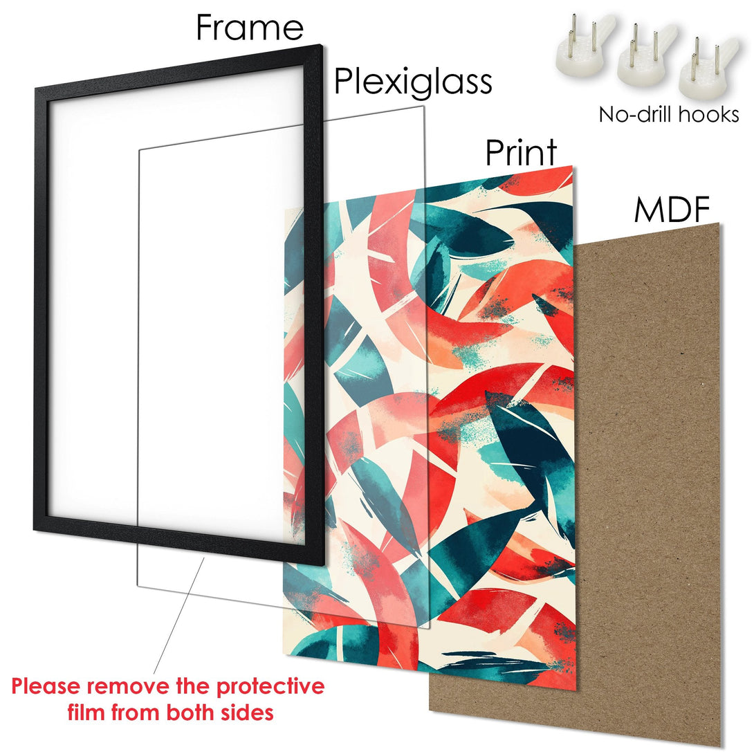 Framed Poster with abstract art in a modern style. Features a vibrant color palette of teal, red, and cream. Perfect wall decor!