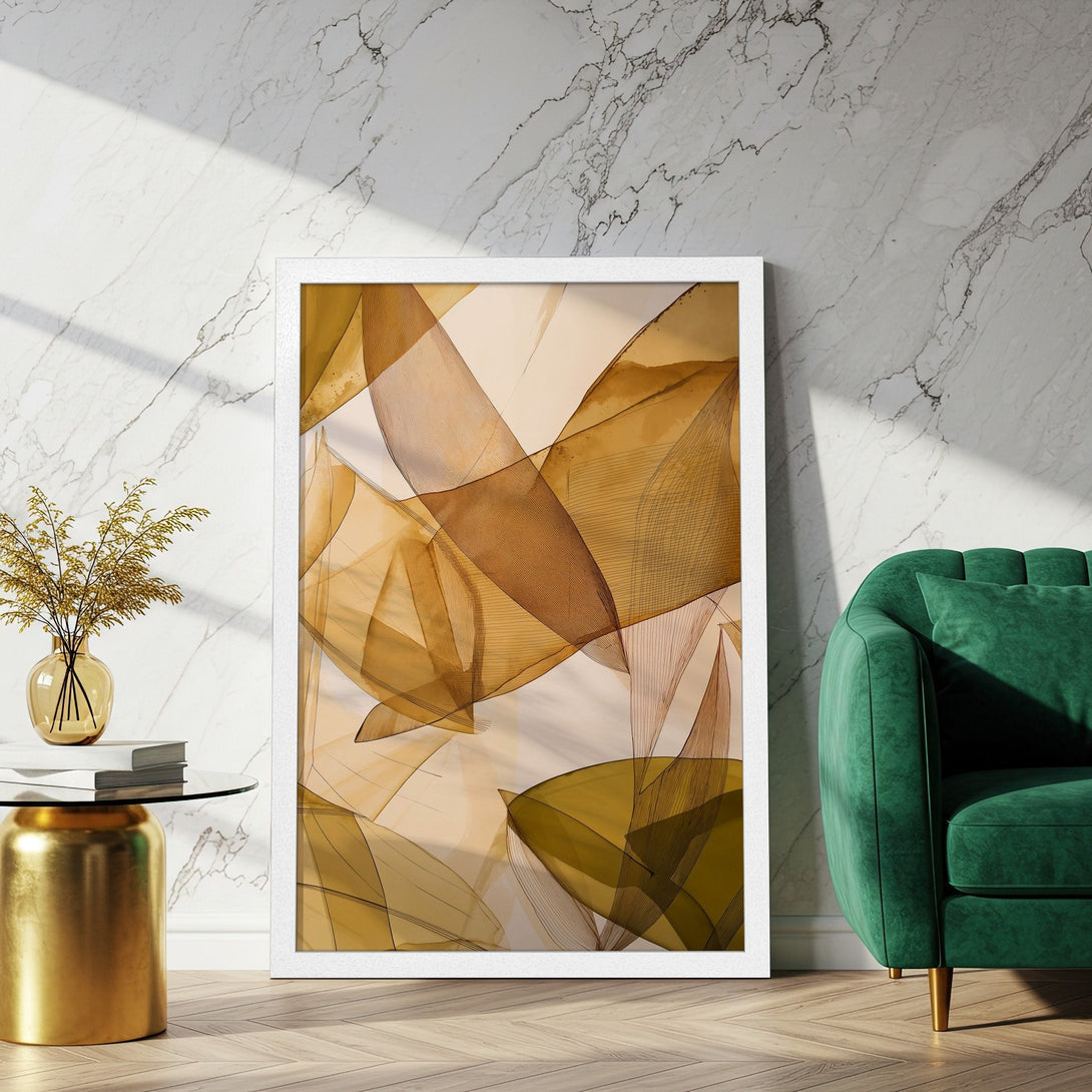Framed Poster featuring abstract art in warm brown and gold tones. Modern style, perfect for home decor.