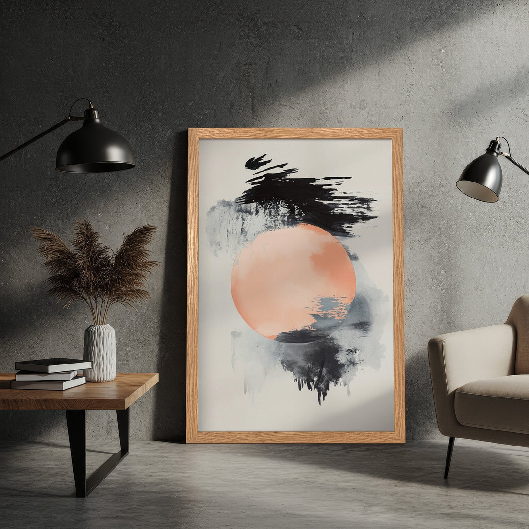 Framed Poster featuring abstract art with a peach, black, and gray color palette, perfect for modern home decor.