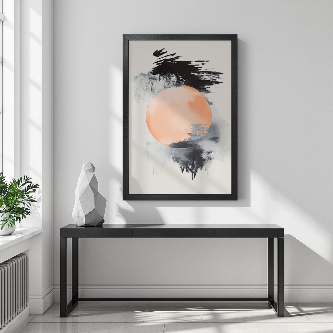 Framed Poster featuring abstract art with a peach and black color palette, perfect for modern home decor.
