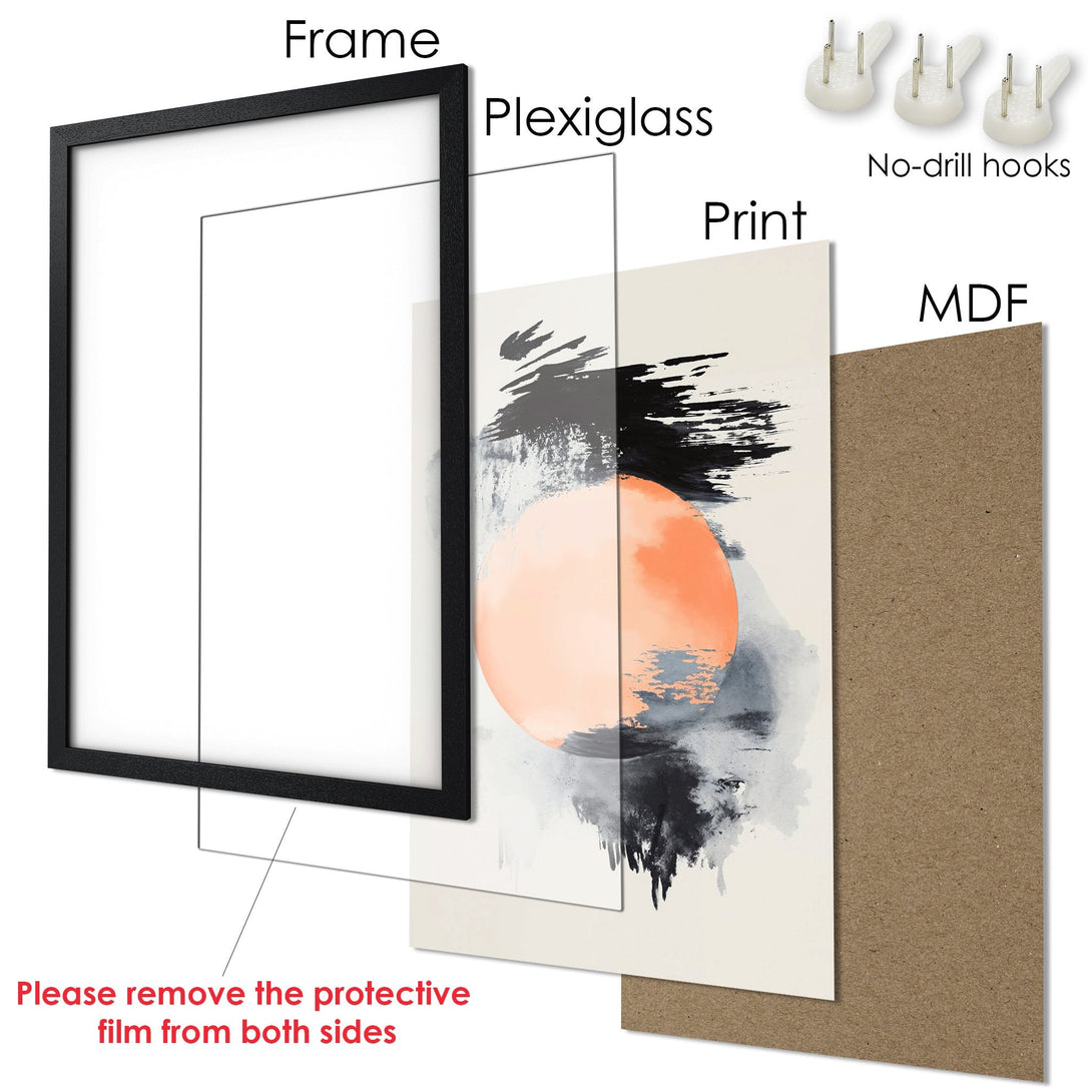 Framed Poster with abstract art in neutral tones and orange accent. Modern wall art ready to hang.