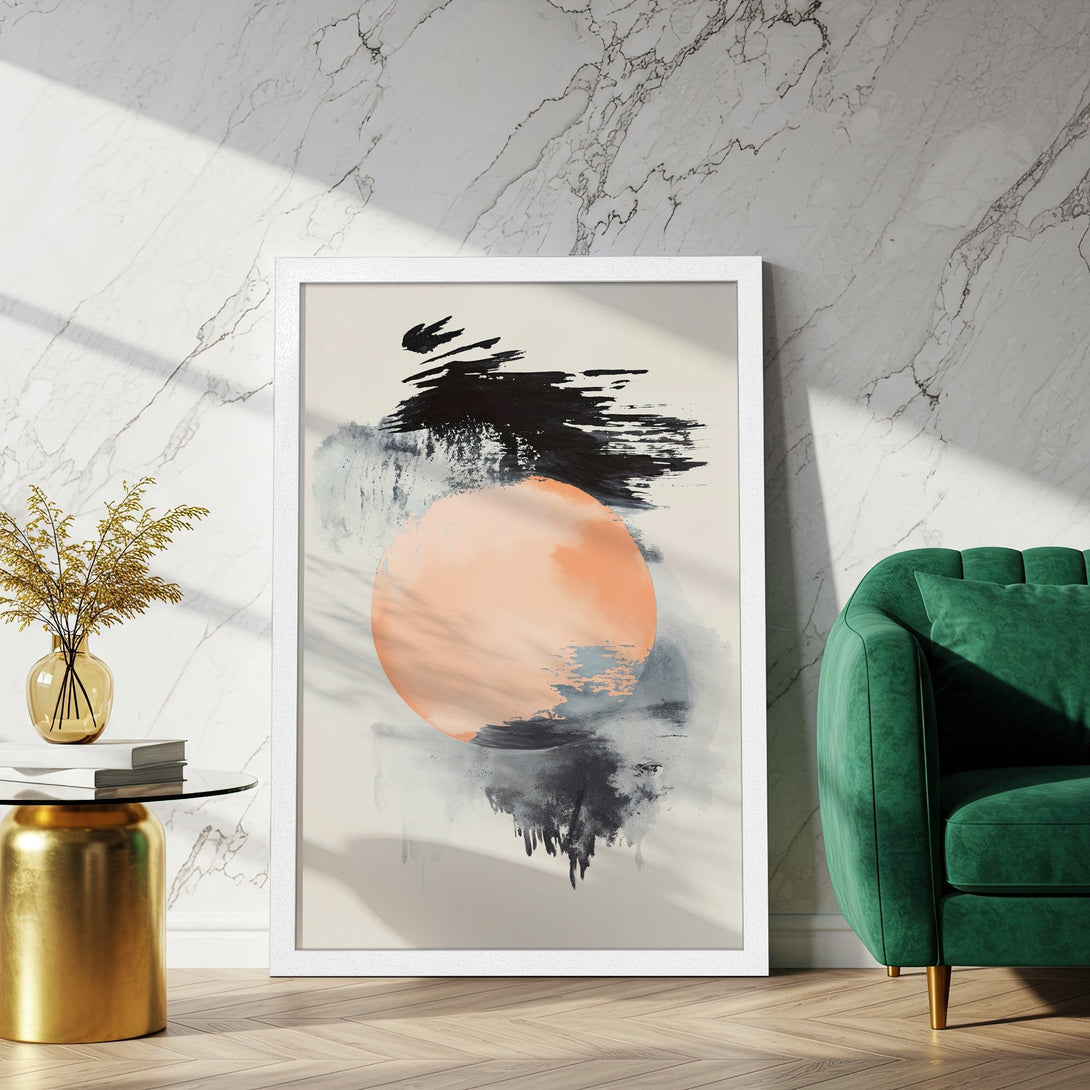 Framed Poster featuring abstract art with a peach and black color palette. Modern wall decor for any space.