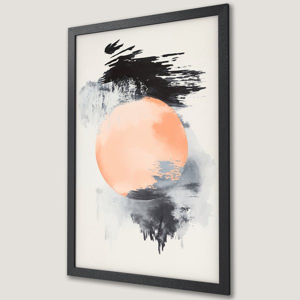 Framed Poster featuring abstract art with a peach sun, black brushstrokes, and a neutral color palette. Modern wall art for your home!
