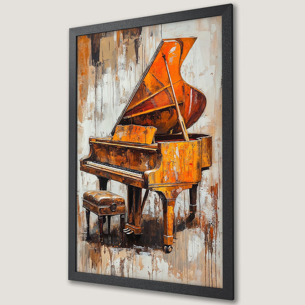 Framed Poster of a grand piano in an abstract style with warm orange and brown tones. Perfect musical art for your home!
