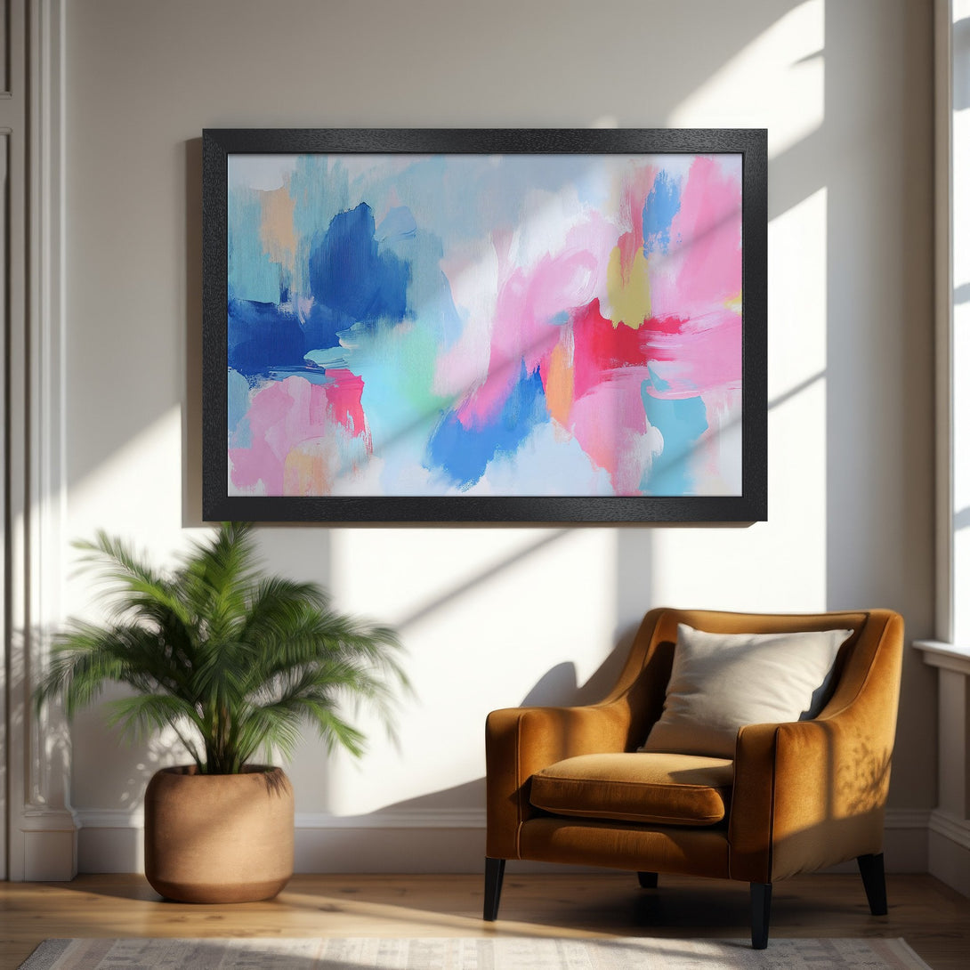 Framed Poster featuring abstract art in a vibrant pink, blue, and yellow color palette. Modern art style perfect for home decor.