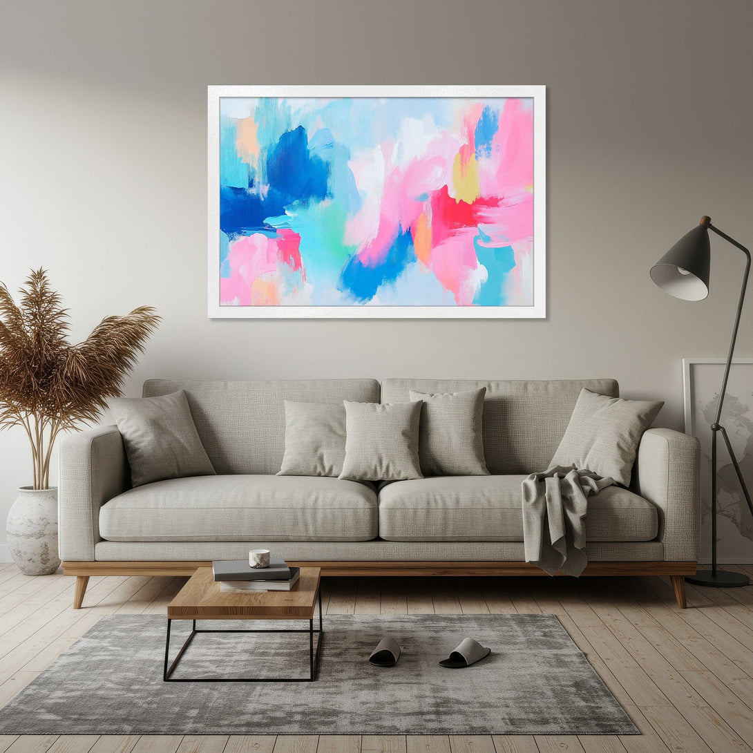 Framed Poster featuring vibrant abstract art in blue, pink, and teal hues. Modern art poster for home decor.