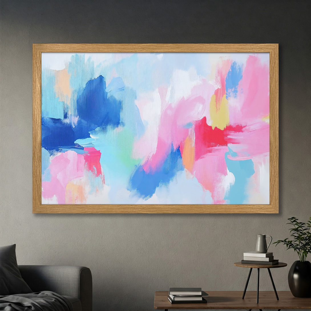 Framed Poster featuring an abstract expressionist style with a vibrant pastel color palette of pink, blue, and yellow. Perfect wall art!