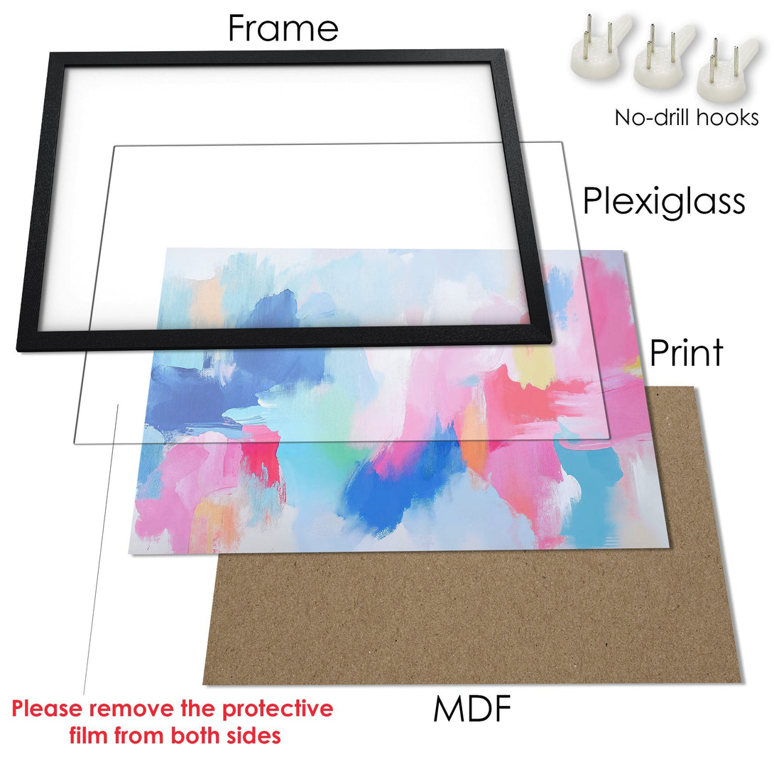 Framed Poster with abstract art in pastel pinks, blues, and whites. Ready to hang art for your home decor.