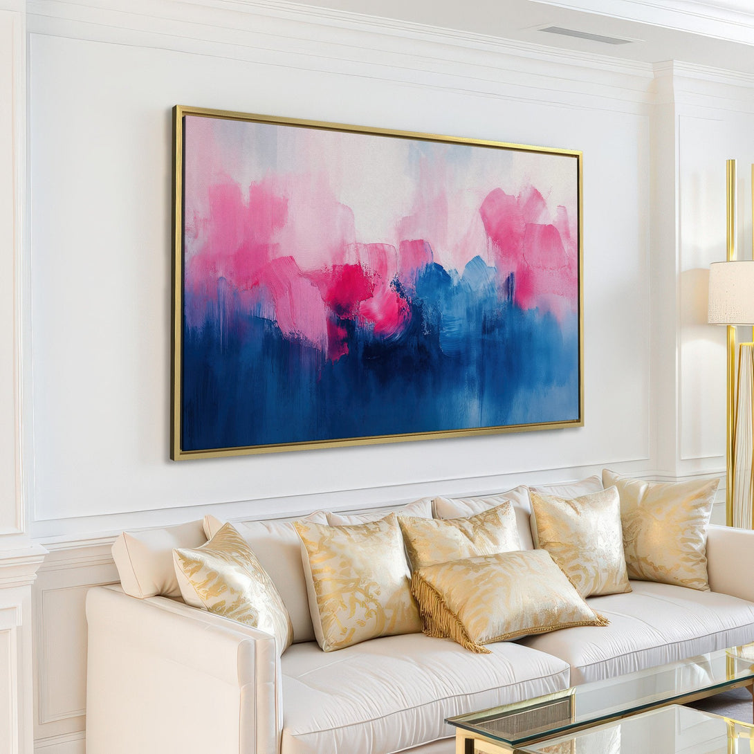 Abstract Canvas Print in a modern living room, featuring a pink and blue color palette, perfect for adding a pop of color to your space.