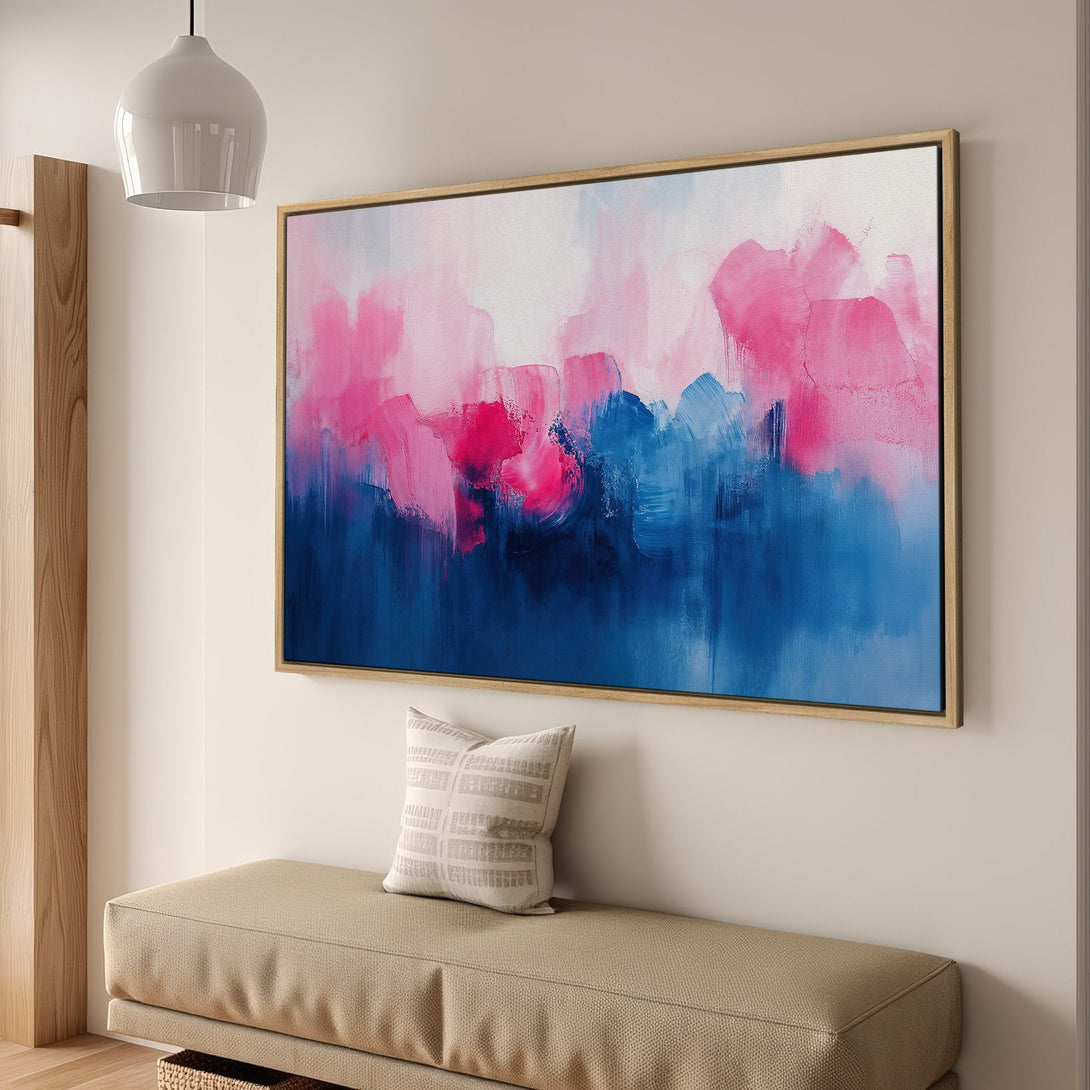 Framed Wall Art Canvas Print featuring abstract brushstrokes in pink and blue hues, perfect for modern home decor.
