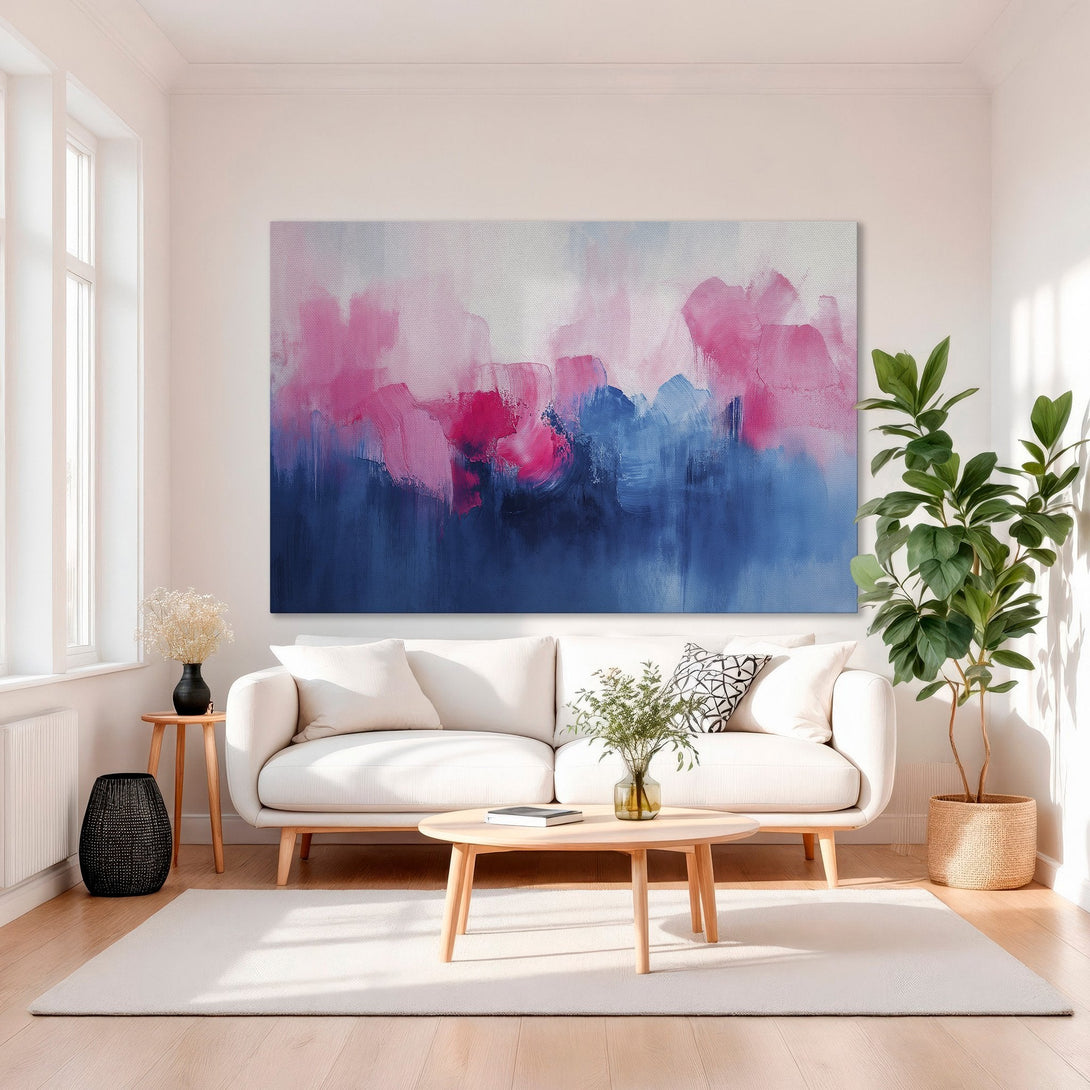 Framed Wall Art: Abstract painting in pink and blue hues. Modern art canvas print adds a pop of color to any interior.