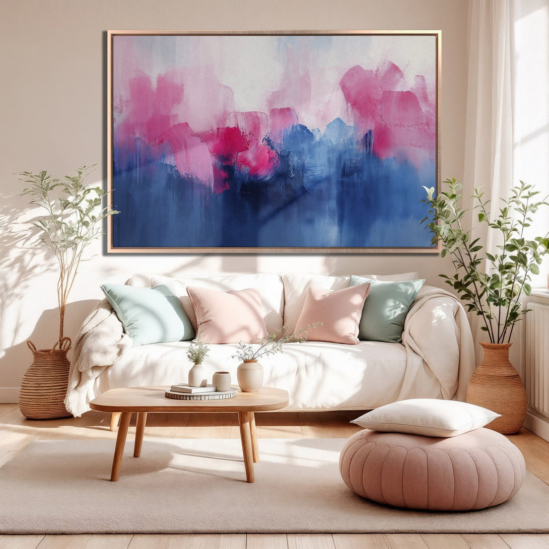Framed Wall Art: Abstract pink and blue brushstroke painting. Modern art canvas print in a living room setting. Enhance your home decor with this vibrant piece!