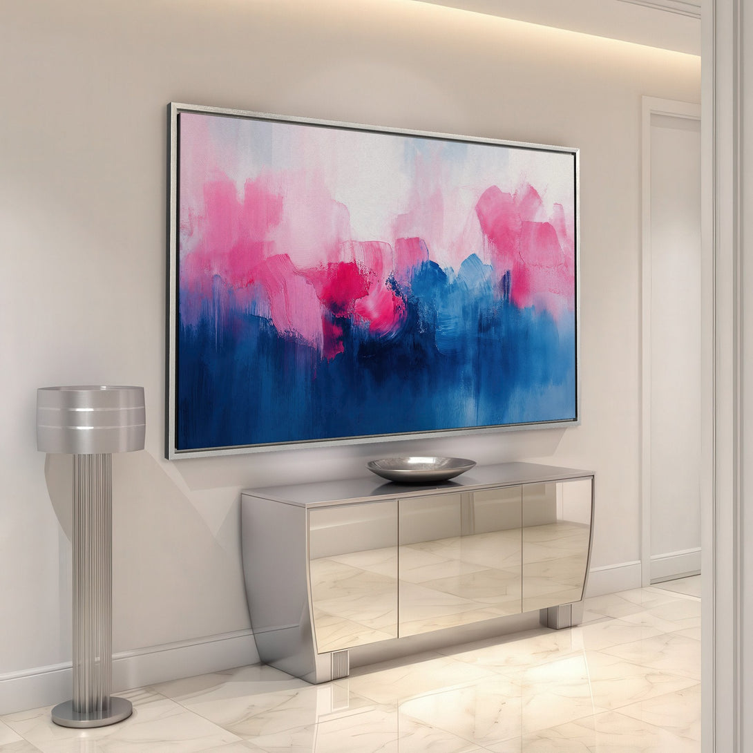 Framed Wall Art: Abstract pink and blue canvas print adds modern flair to any space. Shop our collection of vibrant art for your home!