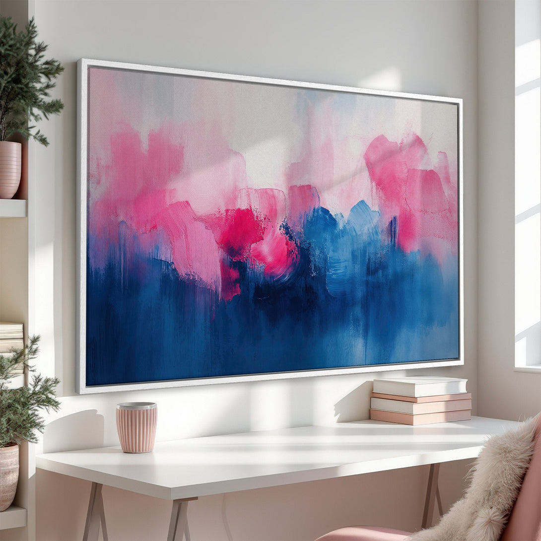 Framed Wall Art: Abstract painting with pink and blue brushstrokes. Modern canvas art for home decor.