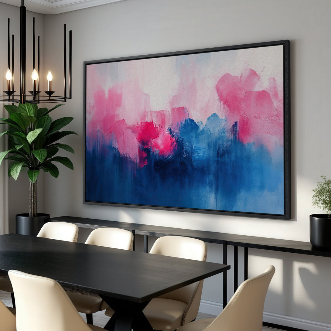 Framed Wall Art: Abstract pink and blue canvas print. Modern art for dining room decor. Beautiful color palette to elevate your space.