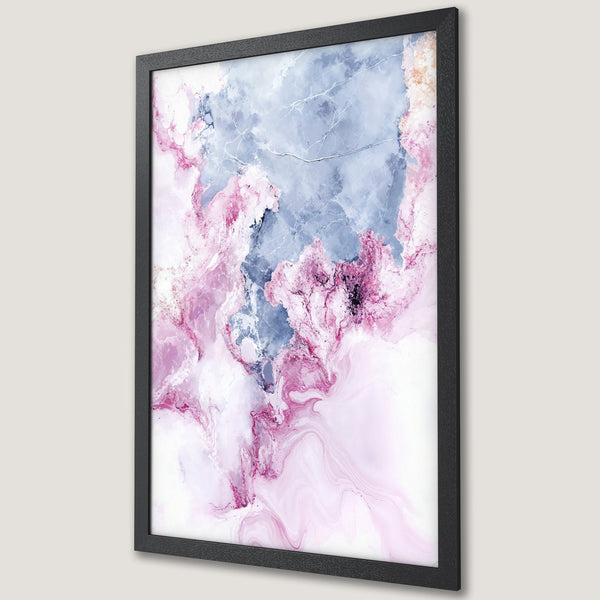 Framed Poster featuring an abstract marble design in pink and blue tones. Modern art print for stylish home decor.