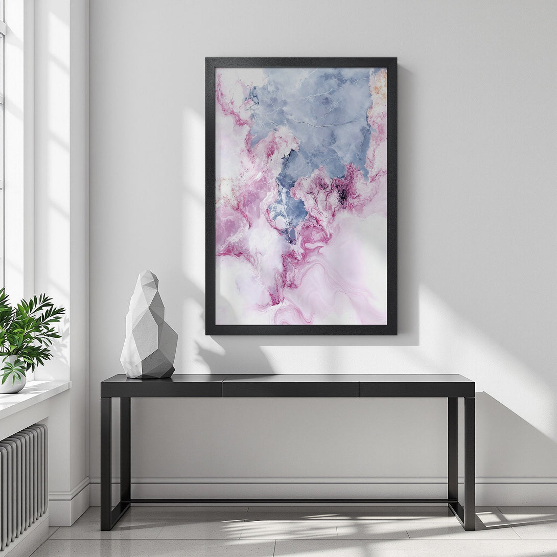 Framed Poster featuring abstract art in pink, blue, and white. Modern decor with a calming color palette.
