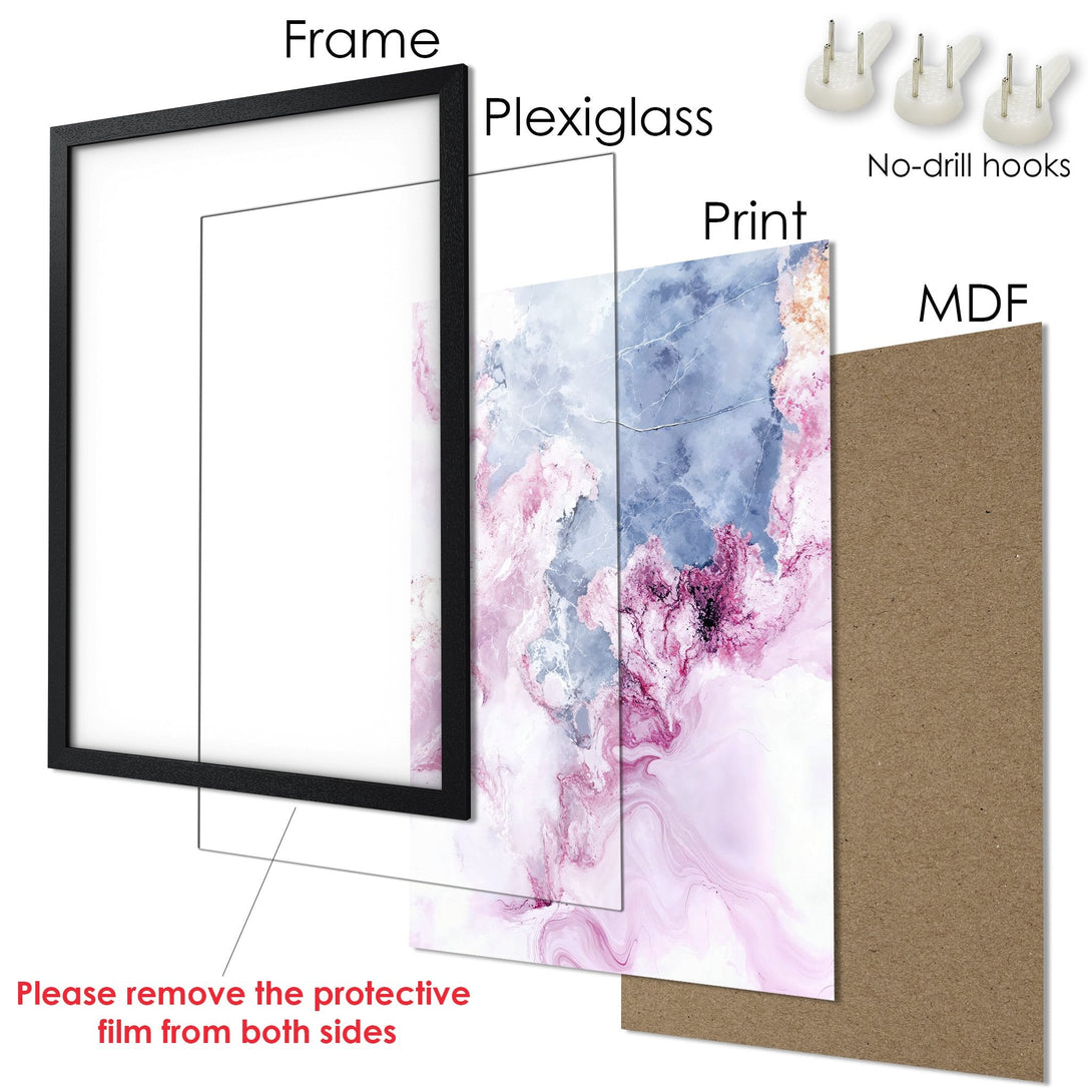 Framed Poster featuring abstract art in pink and blue hues. Modern wall decor for a stylish home. Ready to hang!