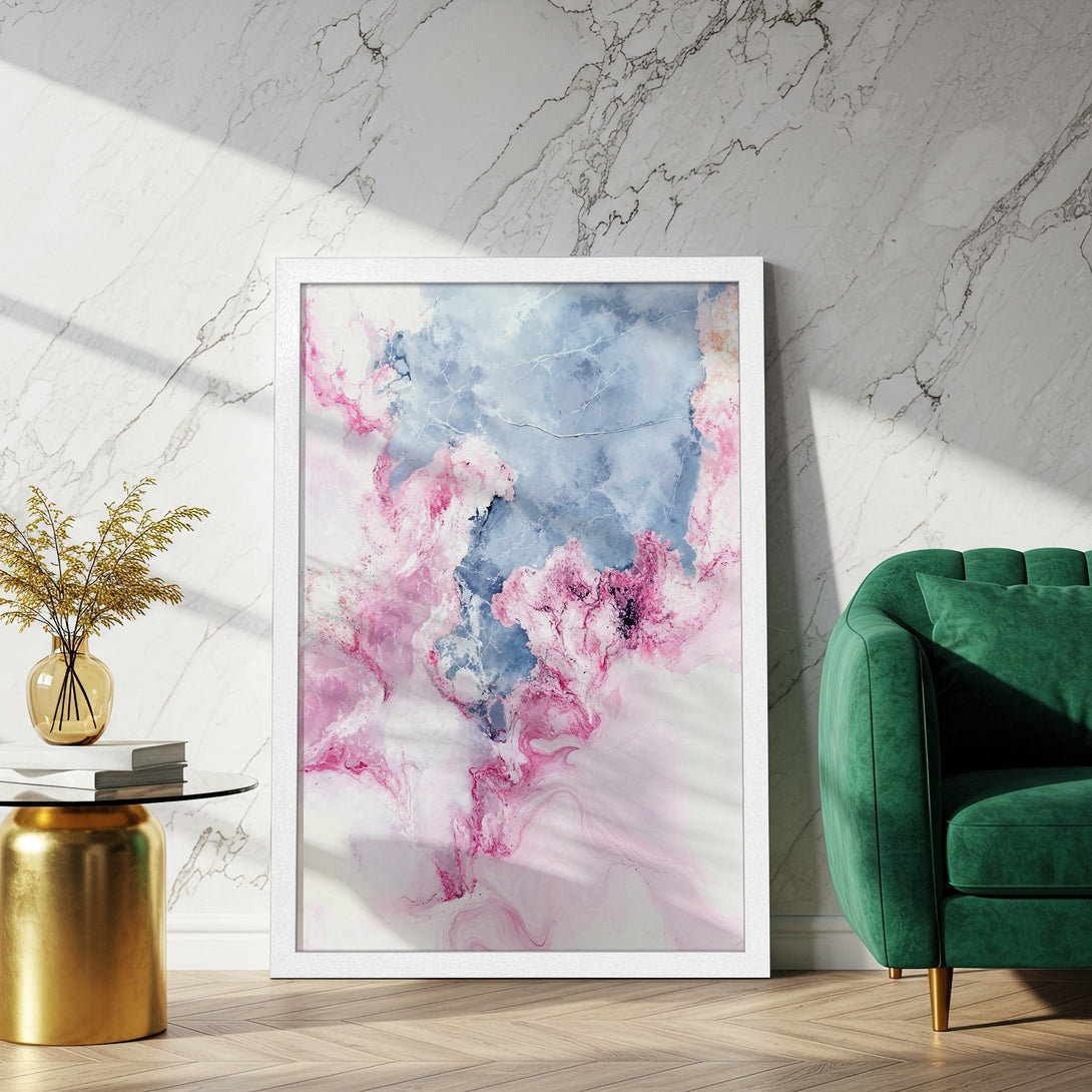 Framed Poster featuring abstract art in pink and blue hues. Modern style, perfect for adding a touch of elegance to your home decor.