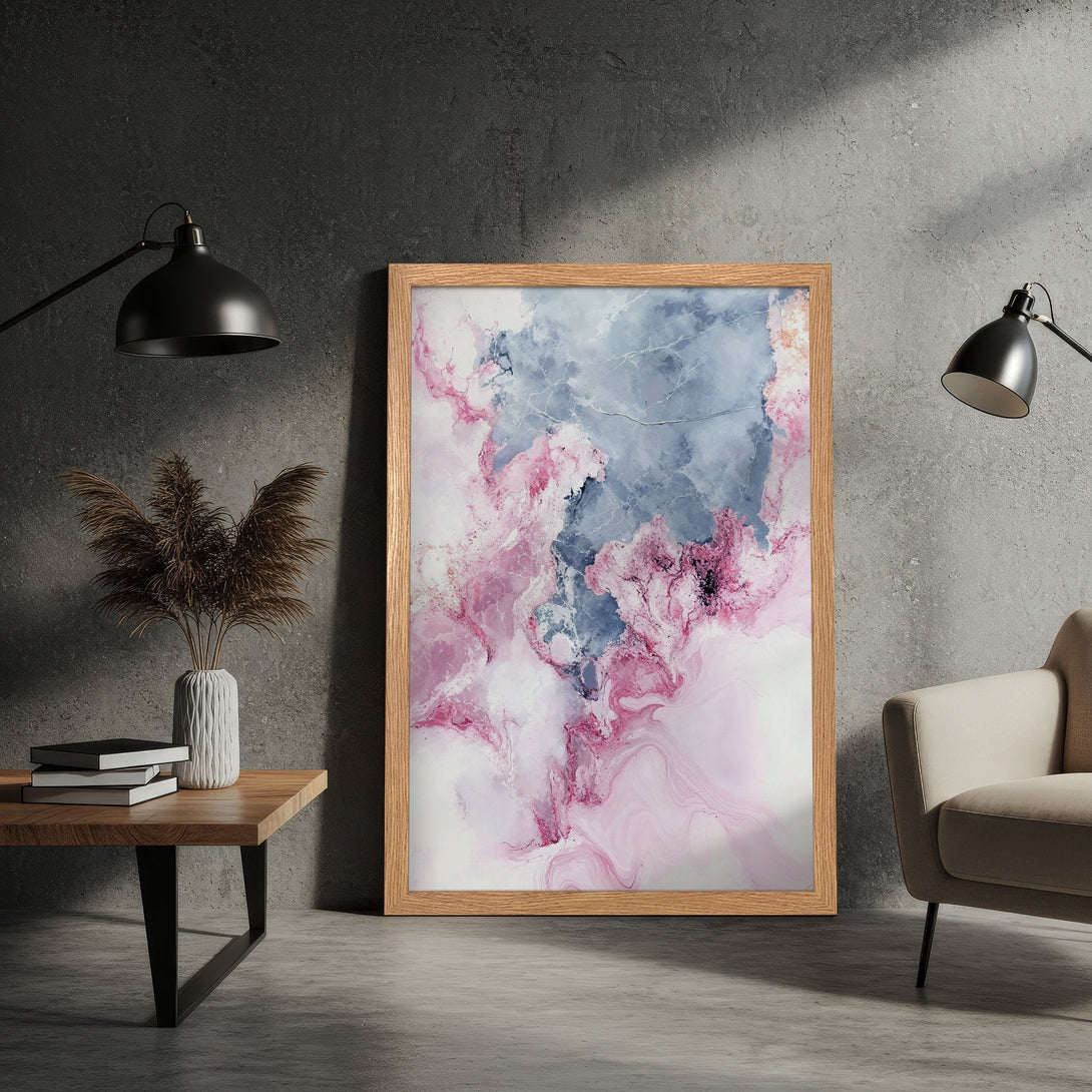 Framed Poster featuring abstract art in a pink and blue color palette. Modern wall art for your home decor.