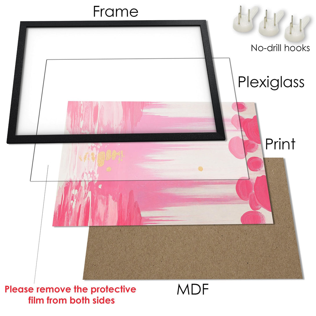 Framed Poster featuring abstract pink brushstrokes art. Modern style, soft pink and white color palette. Perfect wall decor.